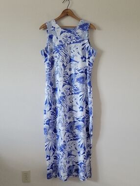 Ana Clare Blue White Tropical Emilee Maxi Shift Dress Size Large